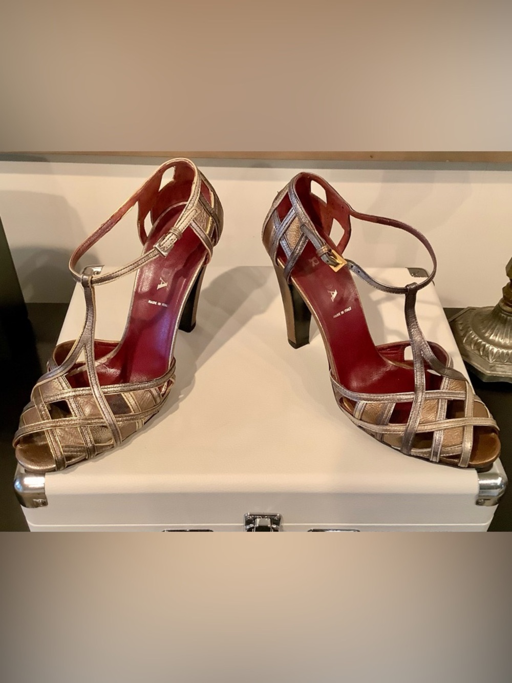 Prada Shoes Metallic Leather T-Strap Heels    Size 8/38 - Picture 7 of 10